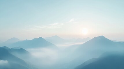 A serene sunrise over misty mountains, capturing the tranquility of nature with soft pastel colors and a peaceful atmosphere.