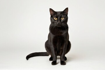Obraz premium a black cat with yellow eyes sitting on a white background