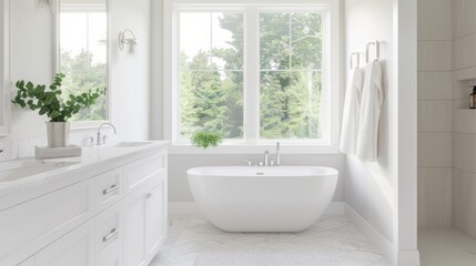 Bright and modern white bathroom with freestanding tub and large window overlooking greenery
