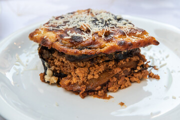 Moussaka (Greek beef and eggplant lasagna) in Greece.