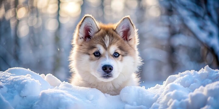 A cuddly, fluffy Huskimo pup stares out from behind a snowbank, its brown eyes sparkling with curiosity, surrounded by winter wonderland scenery.