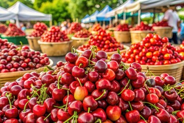 Vibrant Display Of Fresh, Crimson Flathead Cherries Showcased At A Lively Outdoor Festival