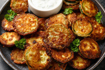 Crispy fried zucchini in butter with sauce