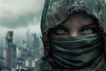 A woman with blue eyes and a gray hooded scarf covers her face except for her eyes. In the background, a destroyed cityscape can be seen in the distance. Concept: post-apocalypse.