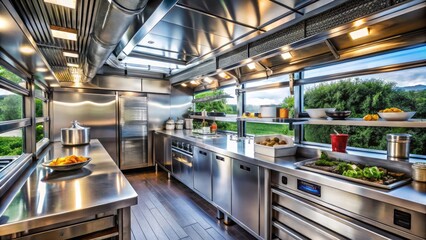 Fototapeta premium Vibrant food truck interior with gleaming stainless steel countertops, modern appliances, and neatly arranged menu boards, shelves, and utensils, ready for bustling street food scene.