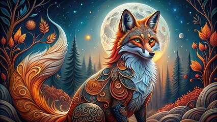 Vibrant fox illustration with intricate, swirling tribal patterns in shades of orange, red, and black, set against a mystical, moonlit forest backdrop.