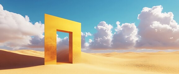 Golden doorway standing in a desert landscape.