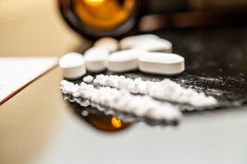 Fentanyl and Prescription Opioids on a Table: Close-Up Photo of Pills and Powder