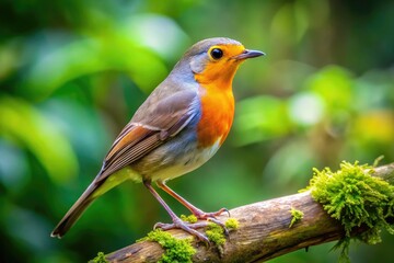 Fototapeta premium Vibrant grey bird with bright orange beak perches on a rustic wooden branch, surrounded by lush green foliage in a serene natural setting.