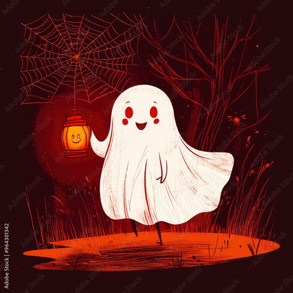 Sticker friendly ghost carrying lantern in spooky forest