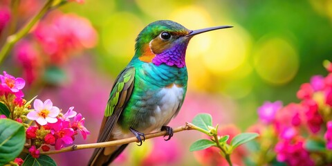 Obraz premium Vibrant hummingbird perches on a delicate branch amidst lush green foliage, surrounded by soft focus flowers, creating a stunning and colorful desktop wallpaper.