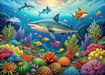 Fototapeta premium Vibrant illustration of a coral reef ecosystem showcasing a marine food chain example, highlighting phytoplankton, zooplankton, small fish, and a large predator shark.
