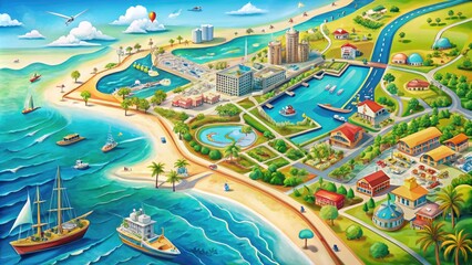 Obraz premium Vibrant illustration of Fort Walton Beach, Florida, showcasing the Gulf of Mexico coastline, major roads, and attractions in a colorful, detailed map format.