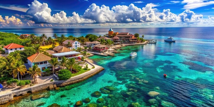 Vibrant illustration of Cozumel Island's beach resorts, coves, and marine life, set amidst turquoise waters and coral reefs, perfect for travel and vacation promotions.