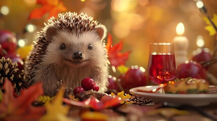 A cute cartoon hedgehog sitting in a warm, fall scene.