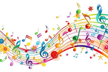 Vibrant Music Notes In Cheerful Colors Dance And Swirl On A White Background, Creating A Festive And Celebratory Atmosphere For A Birthday Celebration.