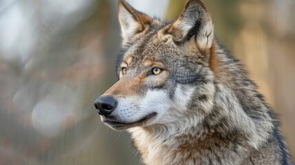 Fototapeta premium Closeup portrait of a gray wolf in natural habitat with blurred background