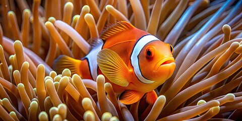 Vibrant orange clownfish swims amidst wavy sea anemone tentacles, showcasing intricate details and...