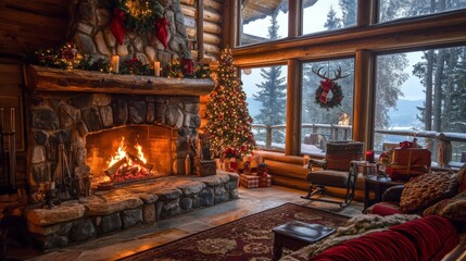 Cozy winter cabin with festive christmas decor and warm fireplace ambience
