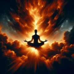A silhouette of a meditative figure sits calmly amidst a fiery cloudscape, exuding a sense of inner peace and spiritual connection. The dramatic, glowing clouds and serene posture create a powerful
