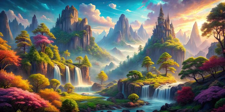 Vibrant, pixelated forest landscape with intricate trees, misty mountains, and sparkling waterfalls, rendered in stunning 1440p resolution with meticulous attention to detail.