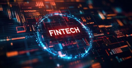 Fototapeta premium 3D futuristic hologram displaying the word 'Fintech' surrounded by digital circuits and icons