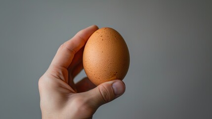 Hand holding brown egg in front of neutral background  closeup stock photography