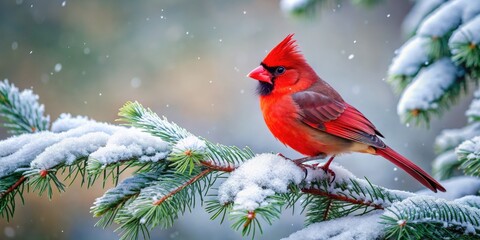 Vibrant red cardinal perched on snow-covered evergreen branch, bright plumage contrasting against frosty winter scenery, surrounded by delicate snowflakes and icy mist.