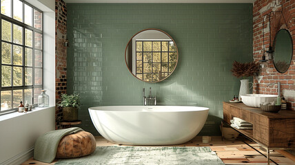 colour scheme with sage green subway vertical tiles