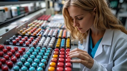 Pharmaceutical technician examining medication vials in a modern laboratory during a busy workday