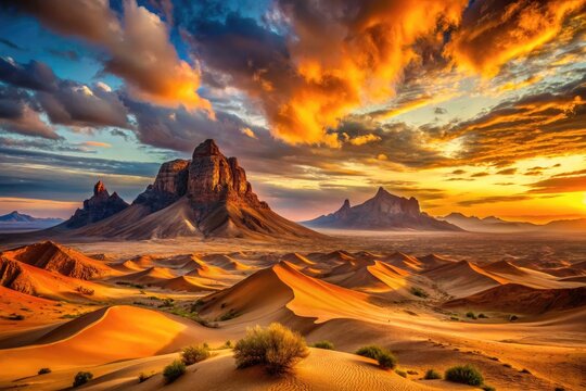Vibrant sunset casts warm orange hues over the rugged Ahaggar Mountains, surrounded by vast expanses of endless Sahara Desert dunes in Algeria's majestic landscape.