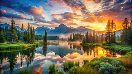 Fototapeta premium Vibrant sunset illuminates a serene wilderness landscape, with misty mountains, tranquil lake, and lush greenery, evoking a sense of peaceful coexistence with the natural world.