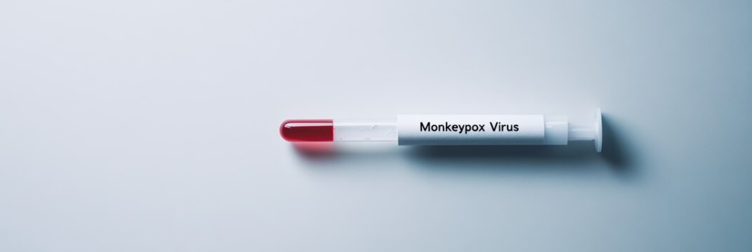 Syringe labeled 'Monkeypox Virus' with blood sample on a white background. Concept for viral infection, epidemic, or vaccination research.