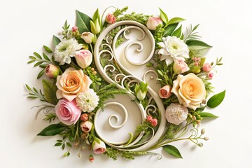 A whimsical illustration of a cursive lowercase letter 's' with scrolling flourishes, ornate tendrils, and delicate loops in a elegant, serif font style amidst a lush, floral arrangement
