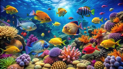 Vibrant Underwater Scene Featuring A Diverse Array Of Colorful Fish Swimming Through A Coral Reef