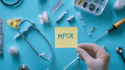 Gloved hand holding a sticky note with 'MPOX' written with scattered medical tools in the background. Monkeypox outbreak concept