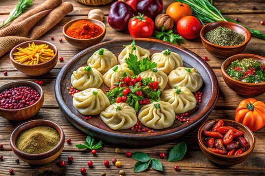 Vibrant Uzbek Traditional Cuisine Featuring Steaming Manty Dumplings, Aromatic Pilaf, Fresh Fruits, And Colorful Spices Arranged On A Wooden Table