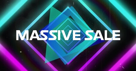 Animation of massive sale text over neon vibrant pattern background - Powered by Adobe