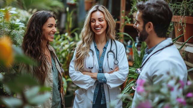 Healthcare professionals engaging with each other in a lush greenhouse filled with plants during a cheerful afternoon gathering