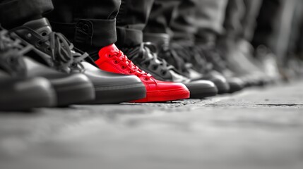 A single red shoe stands out from a row of black shoes.