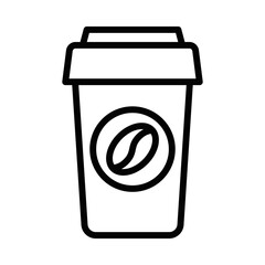 Minimalistic outline of a takeaway coffee cup with a bean logo. Vector illustration of a beverage container. Editable stroke.