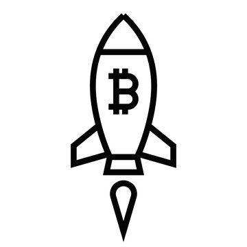 recommend clip art: Outline of a rocket with a Bitcoin symbol. Vector illustration representing cryptocurrency growth or technology innovation. Editable stroke.