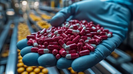 Fototapeta premium A worker holding red and white capsules in a pharmaceutical manufacturing facility during production hours