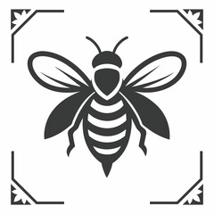 Minimalist vector illustration of a bee in flight, featuring bold black lines and smooth curves.