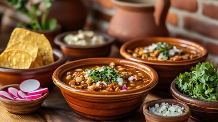 A cozy kitchen setting with bowls of pozole, surrounded by small bowls of radishes, oregano, and tostadas, with a rustic brick wall and pottery in the background