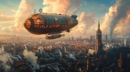 Steampunk Airship Soaring Over Cityscape