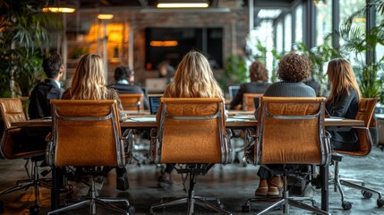 Team members engaged in a brainstorming session in a modern office with large windows and plants during daylight hours
