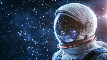 Astronaut in Space: Detailed View of a Cosmonaut&rsquo;s Helmeted Face, Emphasizing Astronomy and Galactic Exploration with Copy Space for Fantasy Worlds. photo