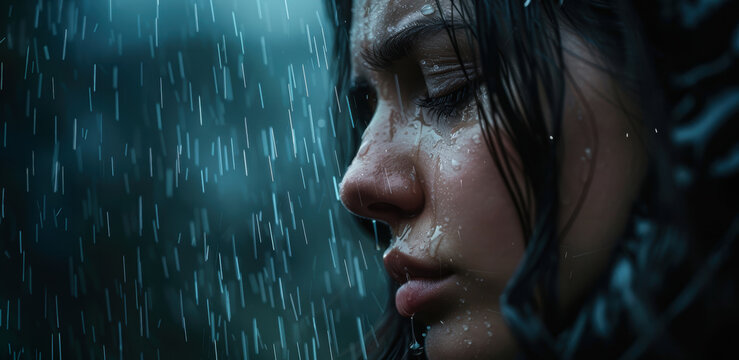 A woman standing in the rain, with tears mixing with raindrops on her face