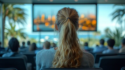 Audience watches a presentation at a conference by the ocean with palm trees visible in the background during daylight hours